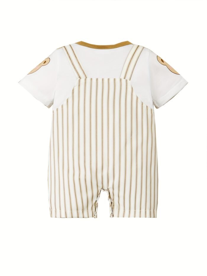 Adorable ' Cartoon Bear Striped Romper with Pockets - Comfy Short-Sleeve Overalls for Spring/Summer, Machine Washable, White & Beige Design, Summer Clothes | Functional Pocket Design, Romper, Perfect for Outdoor - Image 8