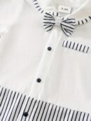 Baby Boys Casual Striped Short Sleeve Lapel Collar Romper Clothes, Suitable For Outdoor Wear