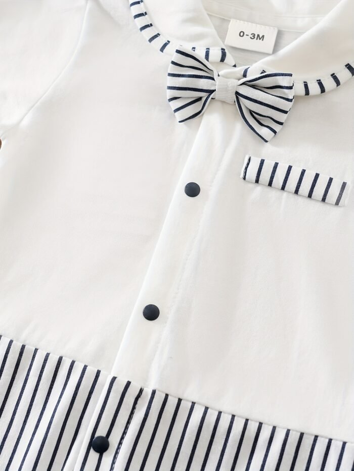 Baby Boys Casual Striped Short Sleeve Lapel Collar Romper Clothes, Suitable For Outdoor Wear - Image 5