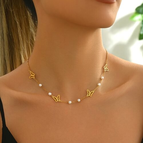Elegant Butterfly Pearl Necklace with Golden-Tone Chain - Versatile Fashion Accessory for All Occasions, Ideal for Daily Wear and Vacations, Vacation Jewelry|Goldentone Finish|Polished Finish