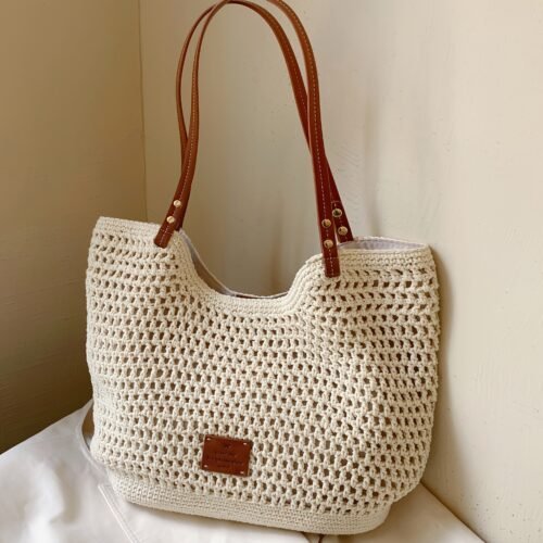 [Beach | Straw] Stylish Large Capacity Beige Crochet Straw Bag with Brown Accents | Woven Beach Bag | Beach Tote Bag for Women, Perfect for Beach Vacations, Travel, and Everyday Use