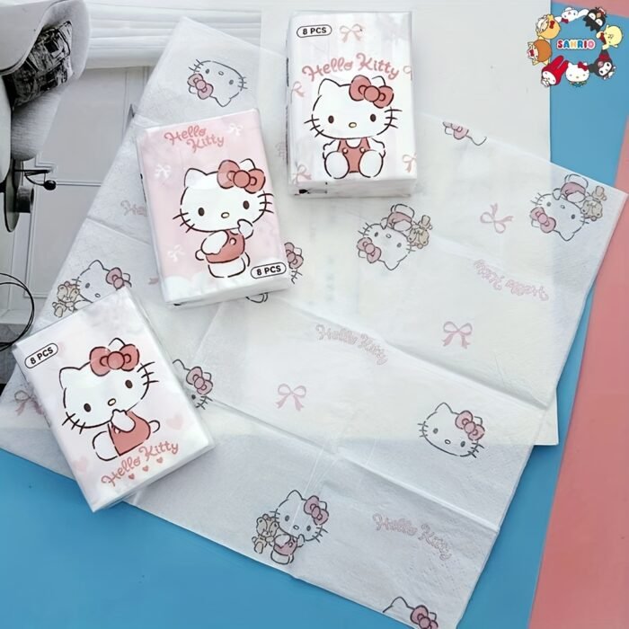 1/9 Pack Sanrio for hello kitty Tissues - Cute Pink & White Design with Hearts, 8pcs Travel-Sized Portable Facial Tissues for Home, Kitchen, Outdoor, and On-the-Go Use, Kitchen Essentials, Playful Design, Soft Texture - Image 8