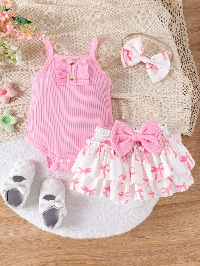 Summer New Arrival Girls' Sweet and Cute Halter Neck Bow Tie Skirt Set - Pink Ribbed Tank Top with White Tulle Skirt, Butterfly Print, Sleeveless, Square Neck, Non-Stretch Fabric, Perfect for Casual or Party Wear, Cute Outfit, Playful Design, Soft Texture, for Outdoor - Image 2