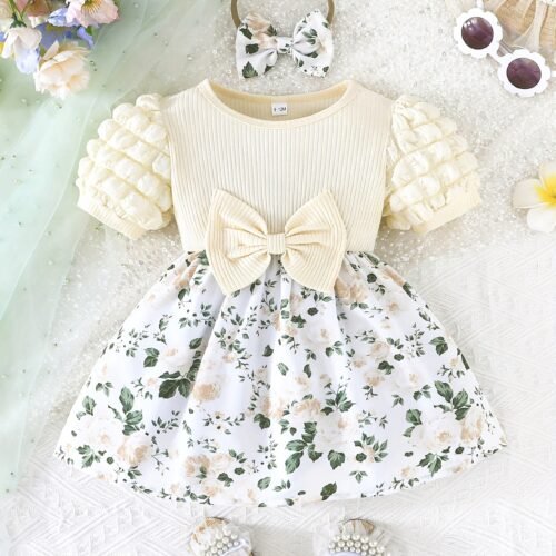 Baby Girl's Summer Floral Print Puff Sleeve Dress with Bow Detail - Lightweight Casual Outfit for Infants, Perfect for Outdoor Play, Holidays & Gift Giving, Baby Girl Dresses, Holiday Infant Wear, Ruffled Sleeve Design, Soft Material, Toddler Clothing