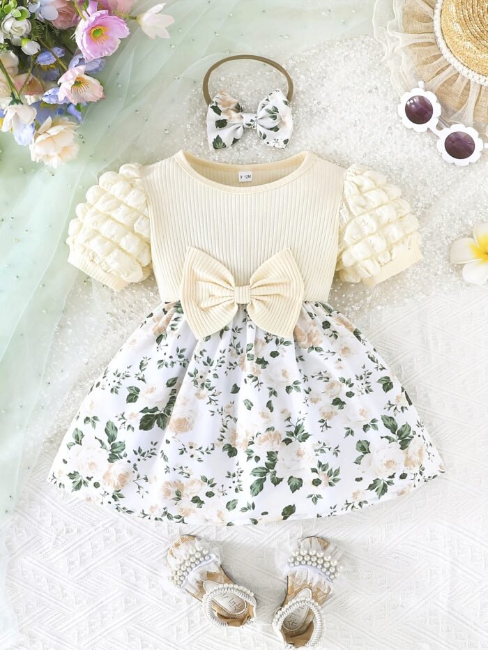 Baby Girl's Summer Floral Print Puff Sleeve Dress with Bow Detail - Lightweight Casual Outfit for Infants, Perfect for Outdoor Play, Holidays & Gift Giving, Baby Girl Dresses, Holiday Infant Wear, Ruffled Sleeve Design, Soft Material, Toddler Clothing