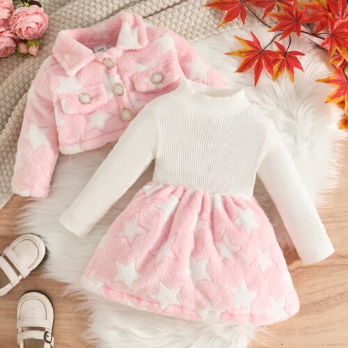 Autumn/Winter New Plush Long-Sleeve Cardigan Vest + Cozy Warm Dress 2pcs Set, Perfect for Outdoor Wear, Perfect for Outdoor