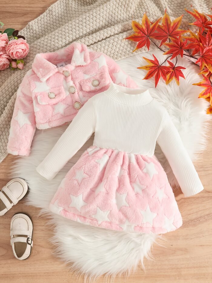 Autumn/Winter New Plush Long-Sleeve Cardigan Vest + Cozy Warm Dress 2pcs Set, Perfect for Outdoor Wear, Perfect for Outdoor