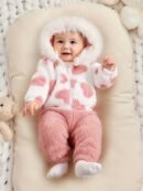 A Set of Warm Clothes for Baby Girls, Warm Hooded Fleece Jacket, Cardigan Top + Elastic Waist Warm Pants, Autumn And Winter Style, Cute Cold-Proof Jacket for Girls, Fur Zipper Outerwear, Outdoor Clothing Set, Newborn Children, Plush Warm Heart Pattern, Windproof Long-Sleeved Trousers, Two-Piece Set, 0-1-2-3 Years Old, 6-9 Months, Birthday Gift, Suitable for Outdoor Clothing, Leisure, Gathering, Party, Holiday Gift