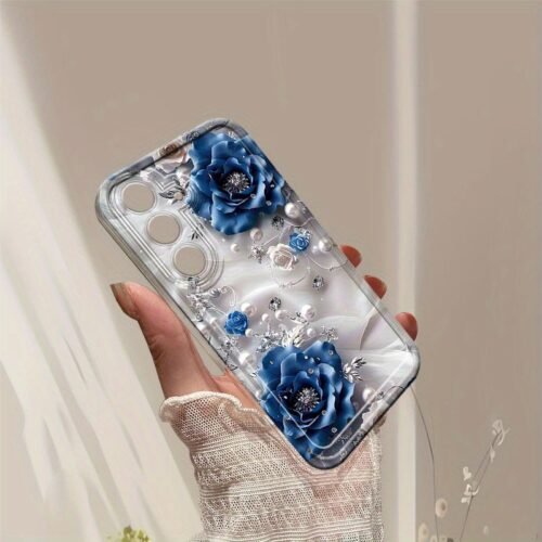 Blue Bewitching Rose Pearl Phone Case for Samsung for galaxy A02 A03S A04 A05S A06 A13 A14 A15 A16 5G A21S A22 A23 A24 A25 A26 A32 A34 A35 A36 A50 A52 A52 A53 A54 A55 A56 A73 S21 Ultra S22 Plus S23+ S24 FE S25 Cartoon Transparent Dropproof All-Inclusive TPU Phone Case Simple Fashion Shockproof Softshell Protective Case Trend New Pattern Ideas, Shopping Holiday Decoration Style Brings Fashion Grasp The Trend Earn Reward Consume And Have In As Autumn Moves Into Gifts Perfect Tools