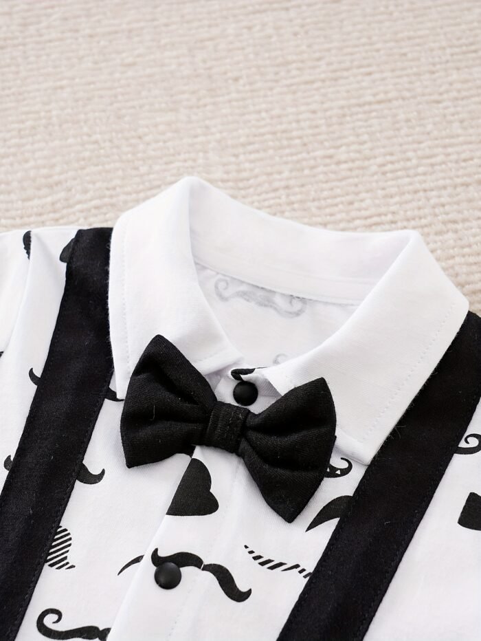 Boys' 100% Cotton Short Sleeve Romper - Mustache & Bow Tie Print with Suspenders-like Straps, Playful Cartoon Outfit for Summer, Breathable Boy Clothes (Hand Washable, Casual Everyday & Themed Events), Perfect for Outdoor - Image 3