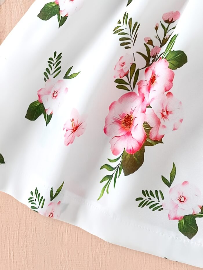 Baby Girl'S Summer Cute Bubble Sleeve White Floral Pattern Elegant Dress for Toddlers and Kids, Perfect for Outdoor - Image 3