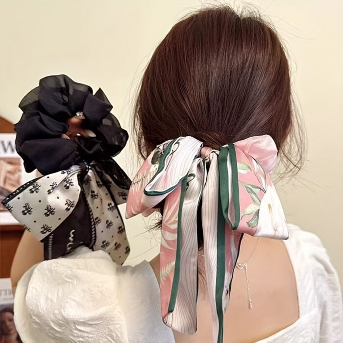 Women's Floral Bow Hair Tie - Elegant Flower Hair Accessories with, for Women s, Ponytail, Bun, Everyday & Formal Events - Hair Tie & Decoration in One, Cute Hair Accessories, Asymmetrical Design, Textured Fabric, Ponytail Holder, Soft Material, Fashion Lovers - Image 3