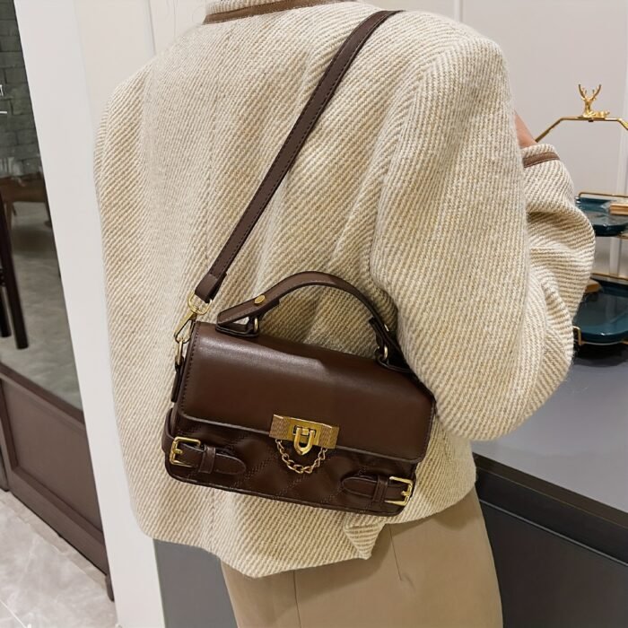 Women's Vintage Mini Handbag with Detachable Chain Strap & Pattern - Golden-Tone Hardware, Square Shape, Coffee Brown/Light Brown/White/Black - Casual & Formal Everyday Crossbody Shoulder Bag - Image 12