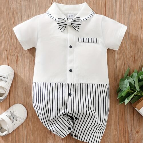 Baby Boys Casual Striped Short Sleeve Lapel Collar Romper Clothes, Suitable For Outdoor Wear