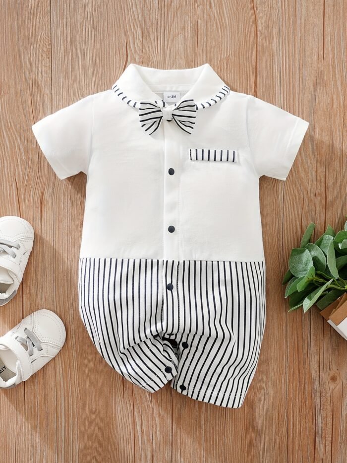 Baby Boys Casual Striped Short Sleeve Lapel Collar Romper Clothes, Suitable For Outdoor Wear