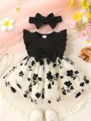 2pcs Soft and Comfortable Cute Girls' Bow-Decorated Ruffle Trim Floral Mesh Princess Dress with Hairband Set