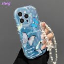 A fashionable trendy butterfly print, and a thick shockproof phone case with a unique design, cute print with a lanyard chain phone protection case suitable for Apple series 11, 12, 13, 14, 15, 16 Pro Max and Samsung series.