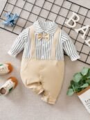 Boys' Autumn/Winter White Bow Tie Gentleman Style Long Sleeve Bodysuit with Back Straps, Perfect for Outdoor