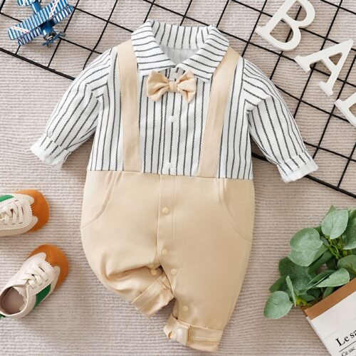 Boys' Autumn/Winter White Bow Tie Gentleman Style Long Sleeve Bodysuit with Back Straps, Perfect for Outdoor