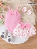 Summer New Arrival Girls' Sweet and Cute Halter Neck Bow Tie Skirt Set - Pink Ribbed Tank Top with White Tulle Skirt, Butterfly Print, Sleeveless, Square Neck, Non-Stretch Fabric, Perfect for Casual or Party Wear, Cute Outfit, Playful Design, Soft Texture, for Outdoor
