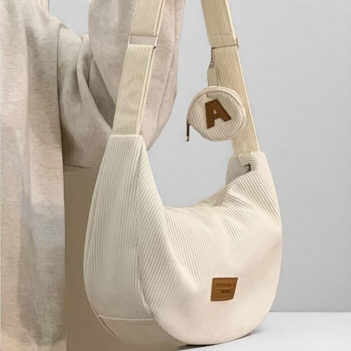Women'S Casual Corduroy Shoulder Bag - Lightweight, Adjustable Strap, Zipper Closure, Polyester Lining, Edge Paint Detail, Preppy Style, Ideal for Hiking, Cycling, and Everyday Use, Casual Accessory | Casual Style Bag | Lightweight Bag