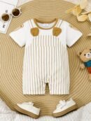 Adorable ' Cartoon Bear Striped Romper with Pockets - Comfy Short-Sleeve Overalls for Spring/Summer, Machine Washable, White & Beige Design, Summer Clothes | Functional Pocket Design, Romper, Perfect for Outdoor