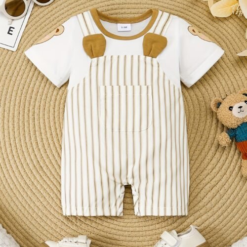 Adorable ' Cartoon Bear Striped Romper with Pockets - Comfy Short-Sleeve Overalls for Spring/Summer, Machine Washable, White & Beige Design, Summer Clothes | Functional Pocket Design, Romper, Perfect for Outdoor