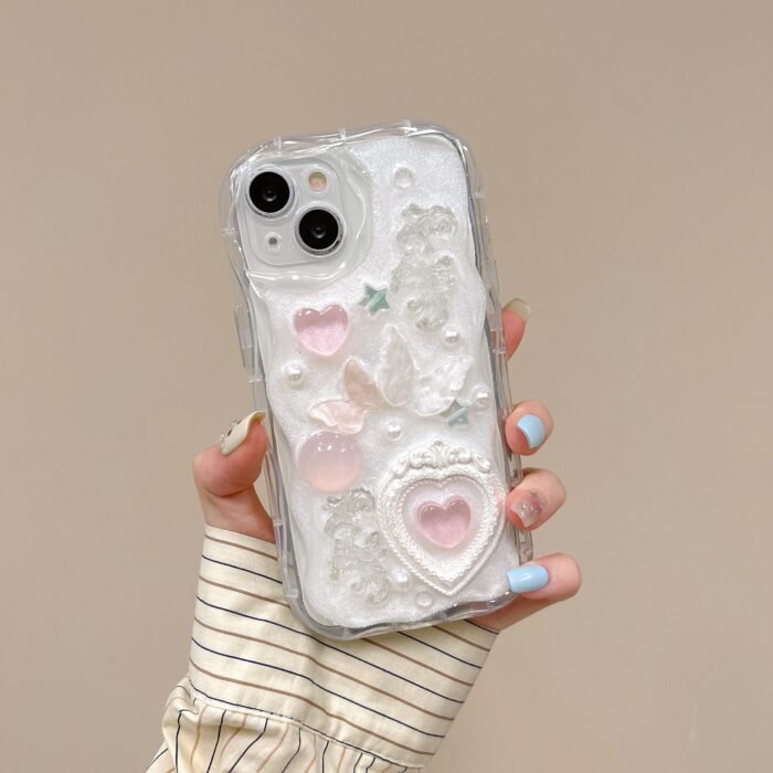 For Iphone Curved Edge Drop Glue Cream Paint Pink Heart-Shaped Butterfly Anti Drop Phone Protective Case - Image 3