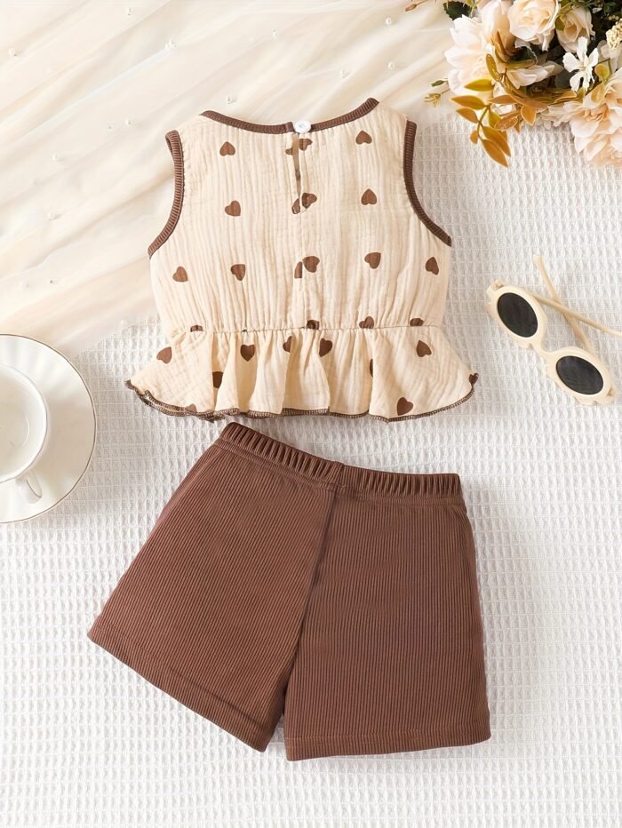 Girls' Cute Heart Sleeveless Skirt Set Two-Piece Outfit, Perfect for Outdoor - Image 2