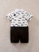 Boys' 100% Cotton Short Sleeve Romper - Mustache & Bow Tie Print with Suspenders-like Straps, Playful Cartoon Outfit for Summer, Breathable Boy Clothes (Hand Washable, Casual Everyday & Themed Events), Perfect for Outdoor