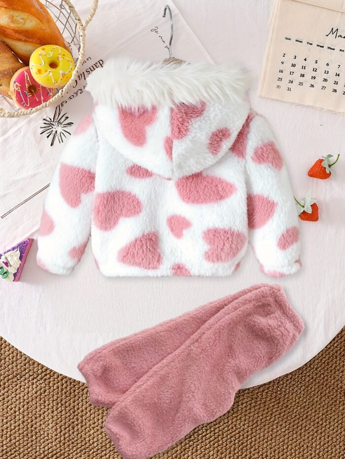 A Set of Warm Clothes for Baby Girls, Warm Hooded Fleece Jacket, Cardigan Top + Elastic Waist Warm Pants, Autumn And Winter Style, Cute Cold-Proof Jacket for Girls, Fur Zipper Outerwear, Outdoor Clothing Set, Newborn Children, Plush Warm Heart Pattern, Windproof Long-Sleeved Trousers, Two-Piece Set, 0-1-2-3 Years Old, 6-9 Months, Birthday Gift, Suitable for Outdoor Clothing, Leisure, Gathering, Party, Holiday Gift - Image 6