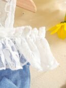 Girls' Spring/Summer Romper for Kids, Newborn Clothing with White Lace Top and Blue Denim Bottoms Featuring a Bow at the Waist, Ruffle Details on Sides and Hem, Elegant Sweet Style Suitable for Home or Outdoor Play/Party Wear, Perfect for Outdoor