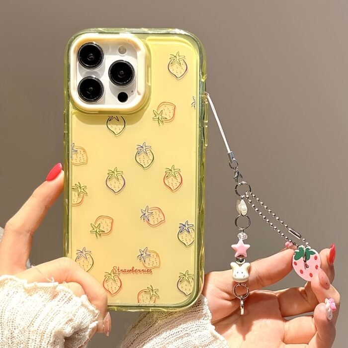 1pc of Cute Dopamine Candy Color Strawberry Jelly Pattern Ripple Jelly Round Square Solid Protective Mobile Phone Case, Suitable for Iphone16/11/13/15/15 Plus/15 Pro/15 Pro Max/12/14 Pro Max/11 Pro Max/12 Pro/12 Pro Max/13 Pro/13 Pro Max/14 Pro/14 Plus~Ripple Jelly-Yellow Shell White Frame-Strawberry 210SC+G88 Pink Grass Pendant - Image 9