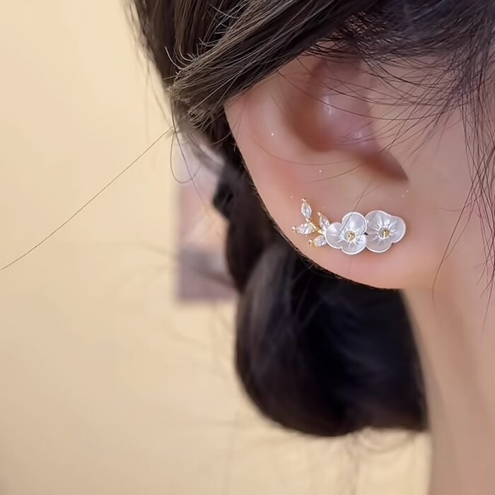 Elegant French Tea Flower Earrings - Sparkling Rhinestone & Zinc Alloy, 925 Sterling Silver Posts, Perfect for Daily Wear, Parties, and Banquets, Party Accessories | Floral Earrings | Rhinestone Embellishments - Image 2