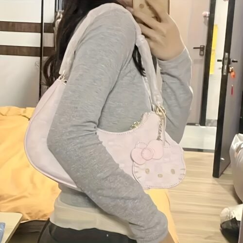 Sanrio Hello Kitty Pink Crescent Moon Tote Bag - Stylish Shoulder Bag with Zipper Closure, Perfect for Shopping, Travel & Everyday Use - Ideal Birthday or Christmas Gift for Women