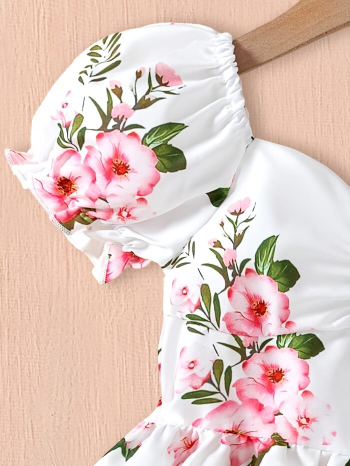 Baby Girl'S Summer Cute Bubble Sleeve White Floral Pattern Elegant Dress for Toddlers and Kids, Perfect for Outdoor - Image 4
