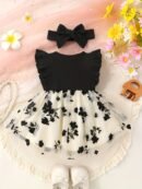 2pcs Soft and Comfortable Cute Girls' Bow-Decorated Ruffle Trim Floral Mesh Princess Dress with Hairband Set