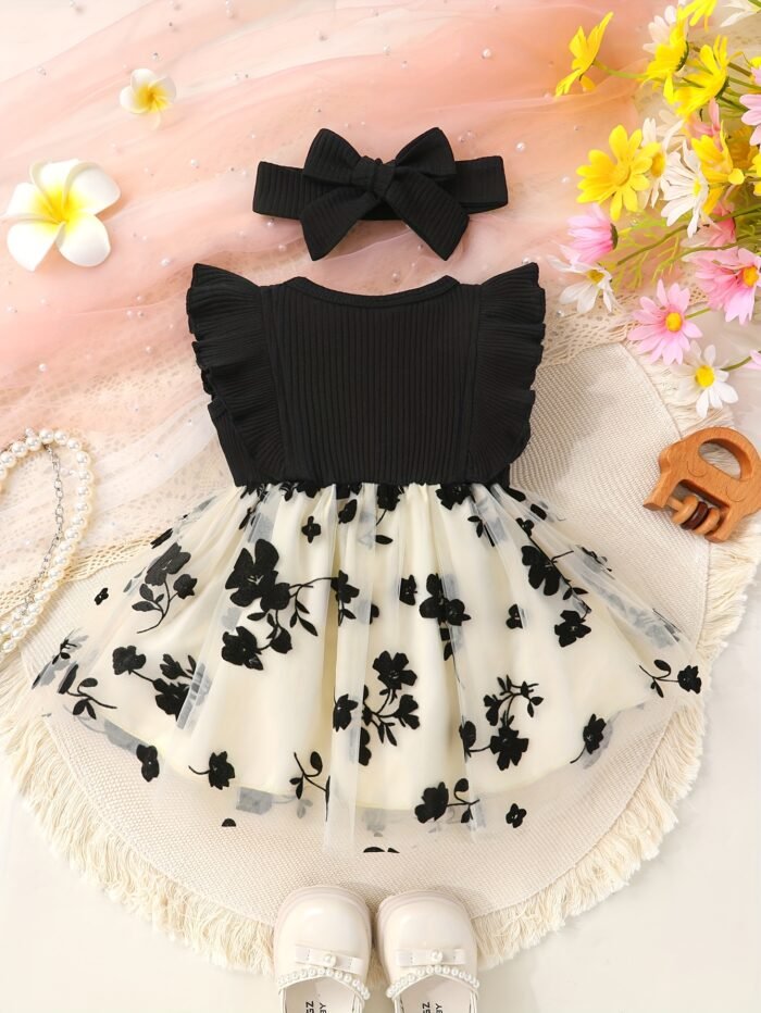 2pcs Soft and Comfortable Cute Girls' Bow-Decorated Ruffle Trim Floral Mesh Princess Dress with Hairband Set - Image 3