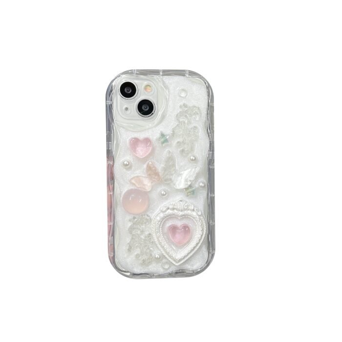 For Iphone Curved Edge Drop Glue Cream Paint Pink Heart-Shaped Butterfly Anti Drop Phone Protective Case - Image 11