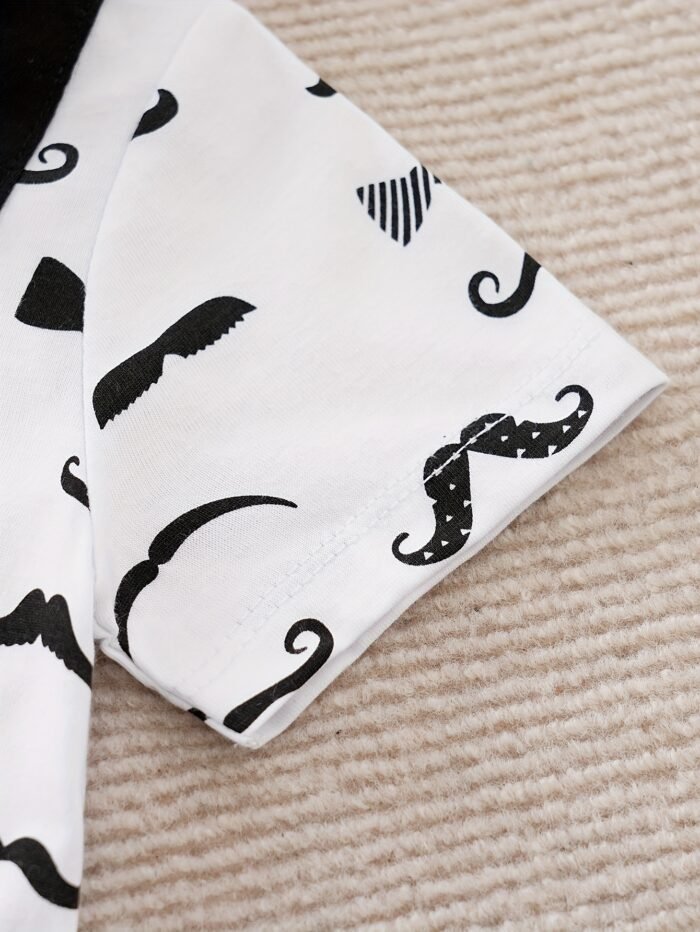 Boys' 100% Cotton Short Sleeve Romper - Mustache & Bow Tie Print with Suspenders-like Straps, Playful Cartoon Outfit for Summer, Breathable Boy Clothes (Hand Washable, Casual Everyday & Themed Events), Perfect for Outdoor - Image 5