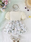 Baby Girl's Summer Floral Print Puff Sleeve Dress with Bow Detail - Lightweight Casual Outfit for Infants, Perfect for Outdoor Play, Holidays & Gift Giving, Baby Girl Dresses, Holiday Infant Wear, Ruffled Sleeve Design, Soft Material, Toddler Clothing
