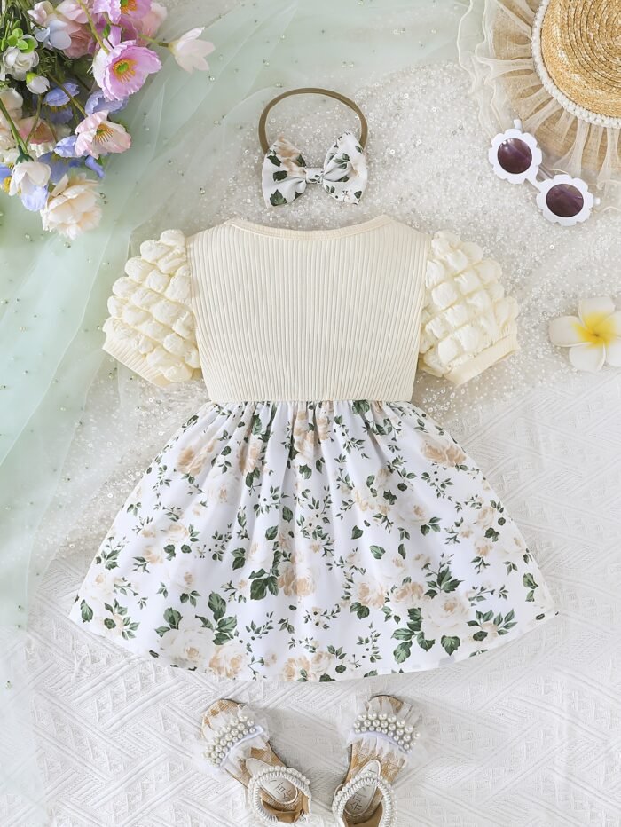 Baby Girl's Summer Floral Print Puff Sleeve Dress with Bow Detail - Lightweight Casual Outfit for Infants, Perfect for Outdoor Play, Holidays & Gift Giving, Baby Girl Dresses, Holiday Infant Wear, Ruffled Sleeve Design, Soft Material, Toddler Clothing - Image 3