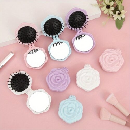 [1pc Rose Comb] 1pc Exquisite Rose Flower Cushion Comb | Morandi Color Design, Integrated Mirror Comb, Portable Massage Comb, Beautiful Hairstyles
