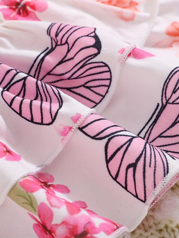 Girls' Floral Butterfly Print Ruffle Top and Belted Shorts Summer Set, Perfect for Outdoor - Image 4