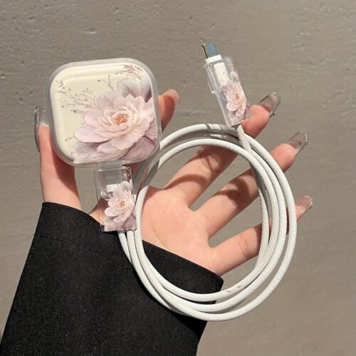 3pcs Large White Flower Pattern English Transparent Charger Protective Case for iPhone 18W/20W, Charger Protector Set for iPhone 13/14/15/16, 20W Charger Cover with Cable and Charging Head Protector. Gift, Clear Protective Case, English Charger Shell with Cable Sleeve