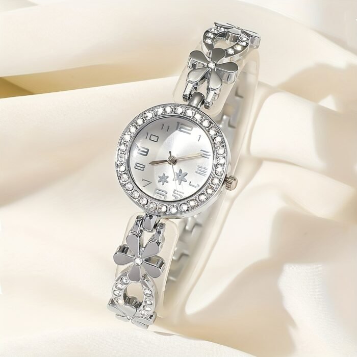 Women's Rhinestone Flower Design Bracelet Watch, Perfect for Birthday Gifts and Casual Attire - Image 2