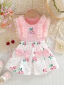 2025 New Girls' Summer Pink Thick Ribbed Round Neck Sleeveless Mesh Lace Cherry Embroidery Top with Cherry Print Bow and I-Beam Pleated Halter Skirt Set Suitable for Going Out, Perfect for Outdoor