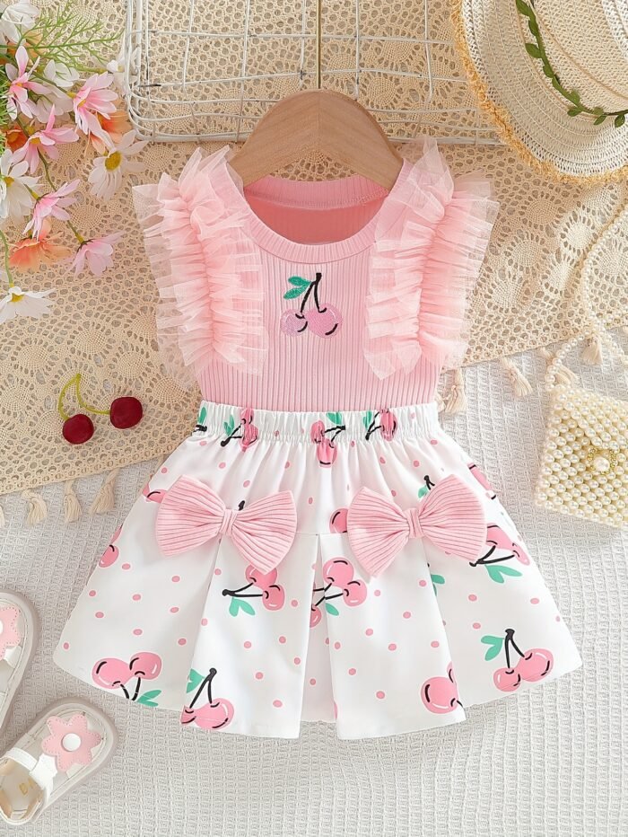 2025 New Girls' Summer Pink Thick Ribbed Round Neck Sleeveless Mesh Lace Cherry Embroidery Top with Cherry Print Bow and I-Beam Pleated Halter Skirt Set Suitable for Going Out, Perfect for Outdoor - Image 2