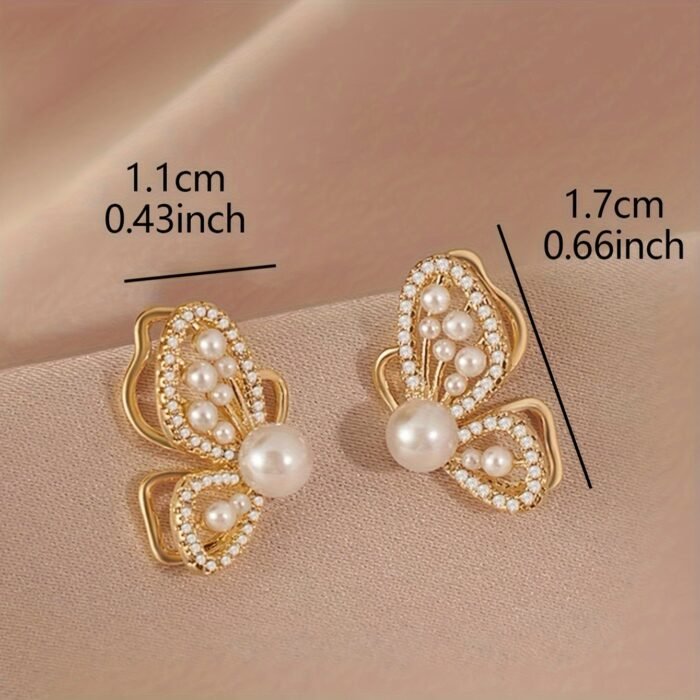 1 Pair Elegant Vintage Butterfly Earrings with Imitation Pearls and Glass Rhinestones, Zinc Alloy & 925 Sterling Silver Post, Daily and Vacation Wear Jewelry for Women - Image 4