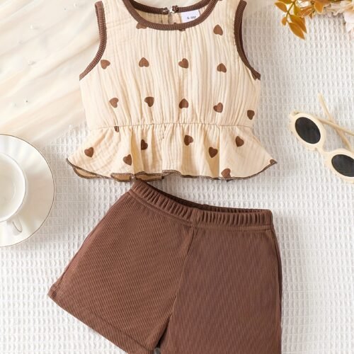 Girls' Cute Heart Sleeveless Skirt Set Two-Piece Outfit, Perfect for Outdoor